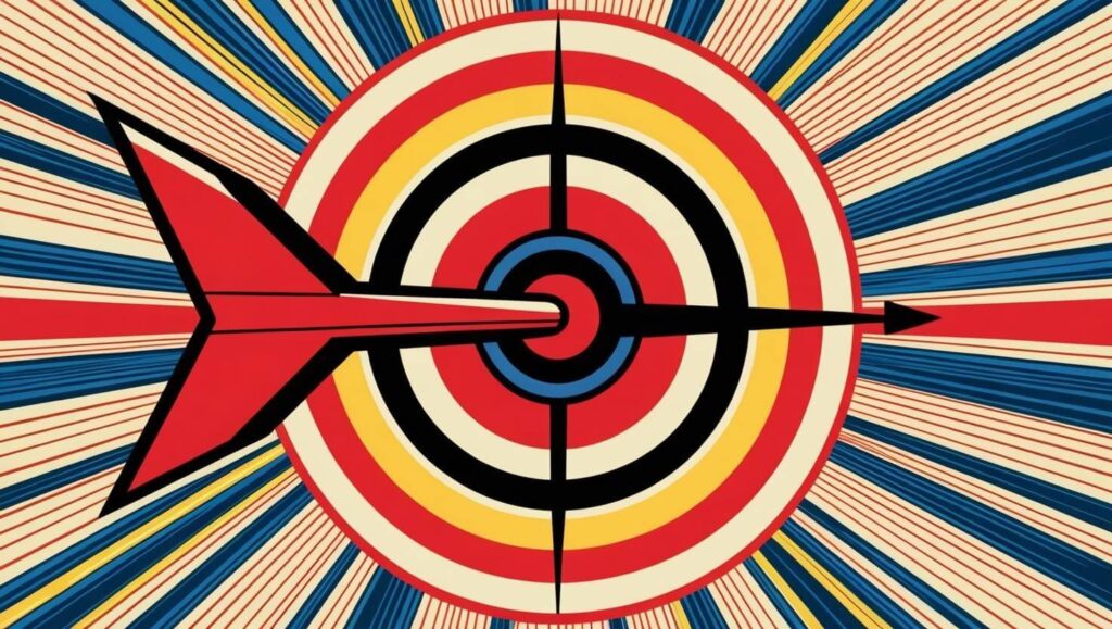Roter Pfeil trifft genau ins Zentrum einer bunten Zielscheibe mit konzentrischen Ringen in Rot, Gelb, Weiß und Blau und symbolisiert Zielplanung